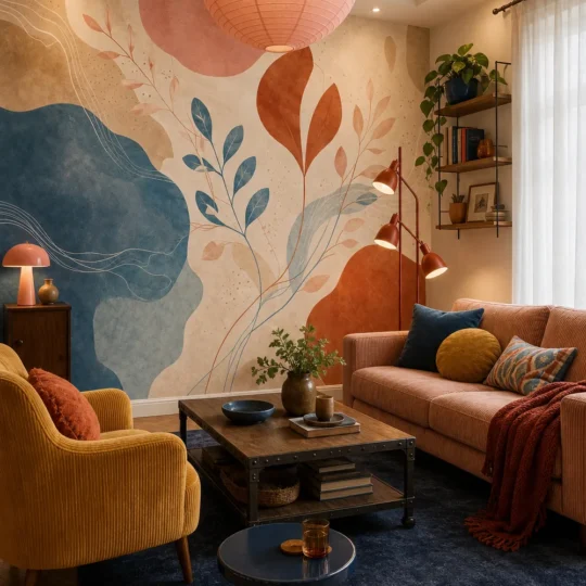 A contemporary eclectic living room featuring an abstract botanical wallpaper mural with terra-cotta and teal shapes.