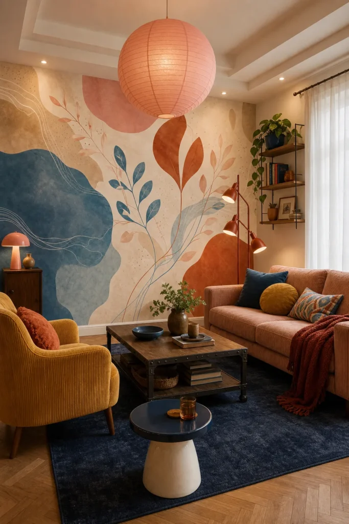 A contemporary eclectic living room featuring an abstract botanical wallpaper mural with terra-cotta and teal shapes.