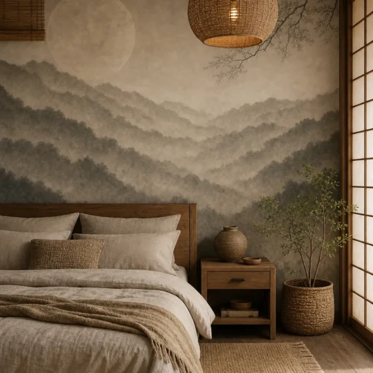 A Japanese Wabi-sabi bedroom featuring a large moon and mist wallpaper mural behind a low wooden bed.
