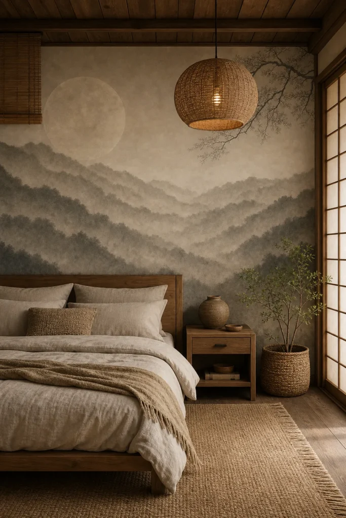 A Japanese Wabi-sabi bedroom featuring a large moon and mist wallpaper mural behind a low wooden bed.