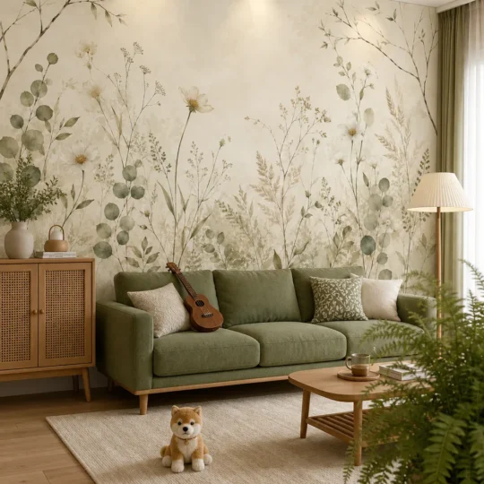 A serene Japandi living room featuring a vintage chinoiserie botanical wallpaper mural with watercolor wildflowers behind a sage green sofa.