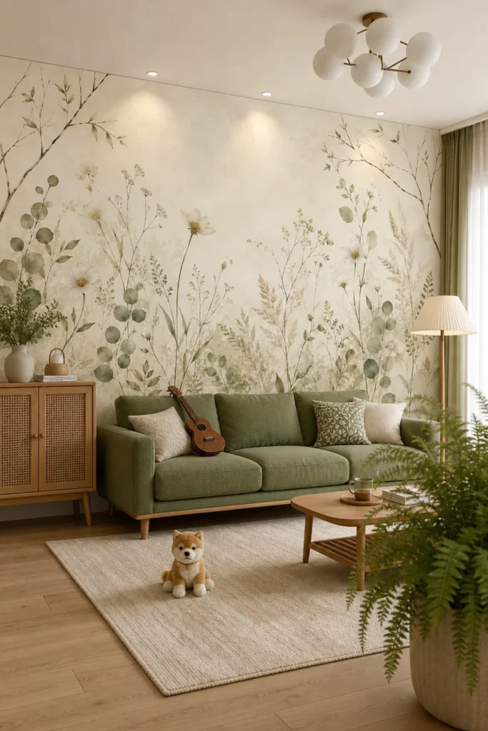A serene Japandi living room featuring a vintage chinoiserie botanical wallpaper mural with watercolor wildflowers behind a sage green sofa.