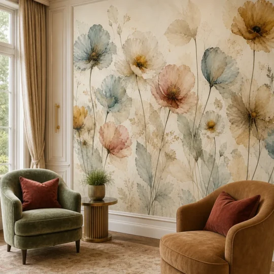 An Art Nouveau revival living room featuring a watercolor poppy floral wallpaper mural with ethereal blue and rose wildflowers.