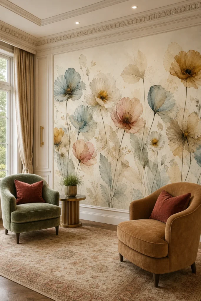 An Art Nouveau revival living room featuring a watercolor poppy floral wallpaper mural with ethereal blue and rose wildflowers.