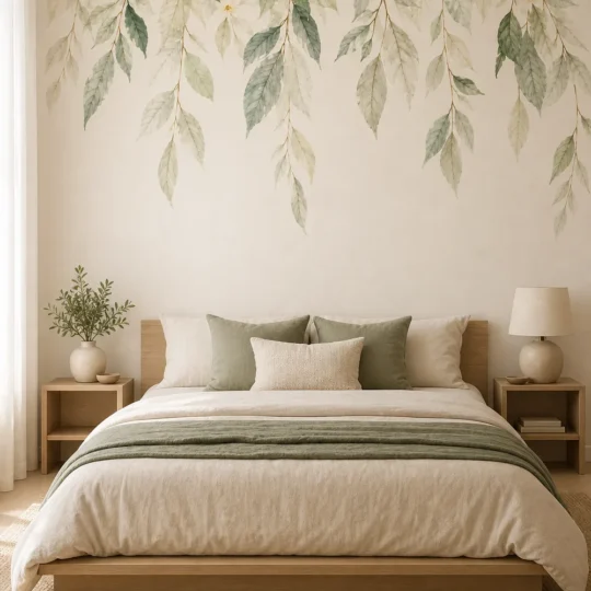 A Scandinavian minimalist bedroom featuring a Watercolor Floral Vine Wallpaper Mural on the back feature wall above a platform bed.