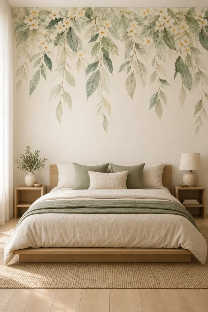 A Scandinavian minimalist bedroom featuring a Watercolor Floral Vine Wallpaper Mural on the back feature wall above a platform bed.