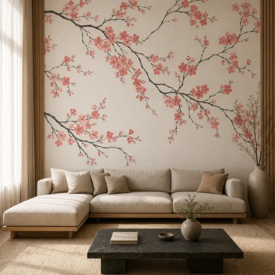A modern Japandi living room featuring a large pink cherry blossom mural with ink-wash branches.