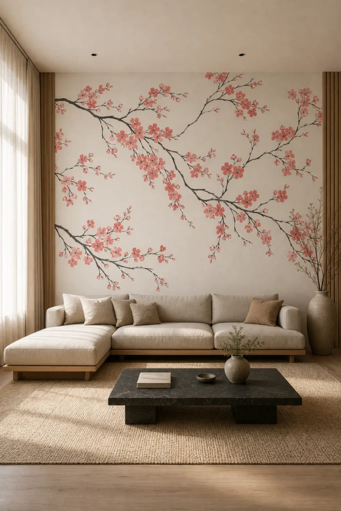 A modern Japandi living room featuring a large pink cherry blossom mural with ink-wash branches.