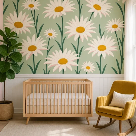 A Scandinavian minimalist nursery featuring a Large Daisy Floral Wallpaper Mural on a focal wall above white wainscoting.