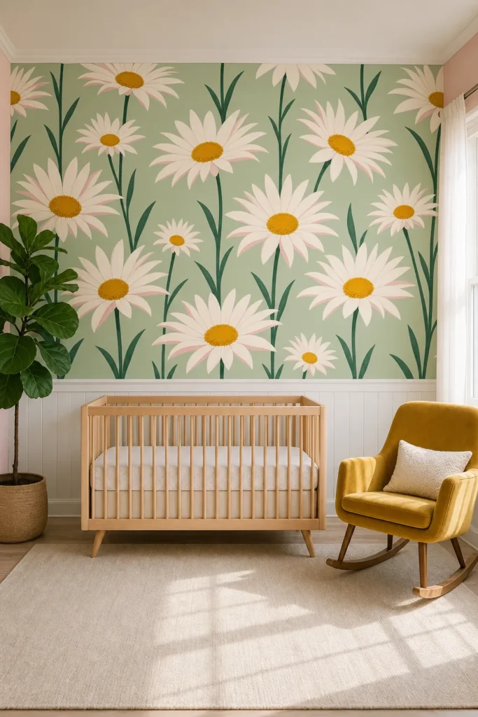 A Scandinavian minimalist nursery featuring a Large Daisy Floral Wallpaper Mural on a focal wall above white wainscoting.