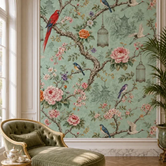 A French Neoclassical penthouse room featuring green chinoiserie bird and floral wallpaper framed by white boiserie moldings.