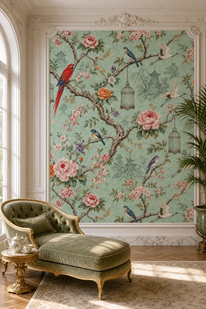 A French Neoclassical penthouse room featuring green chinoiserie bird and floral wallpaper framed by white boiserie moldings.