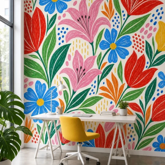 A contemporary creative studio featuring a bold crayon style floral wall mural behind a minimalist white desk and yellow chair.