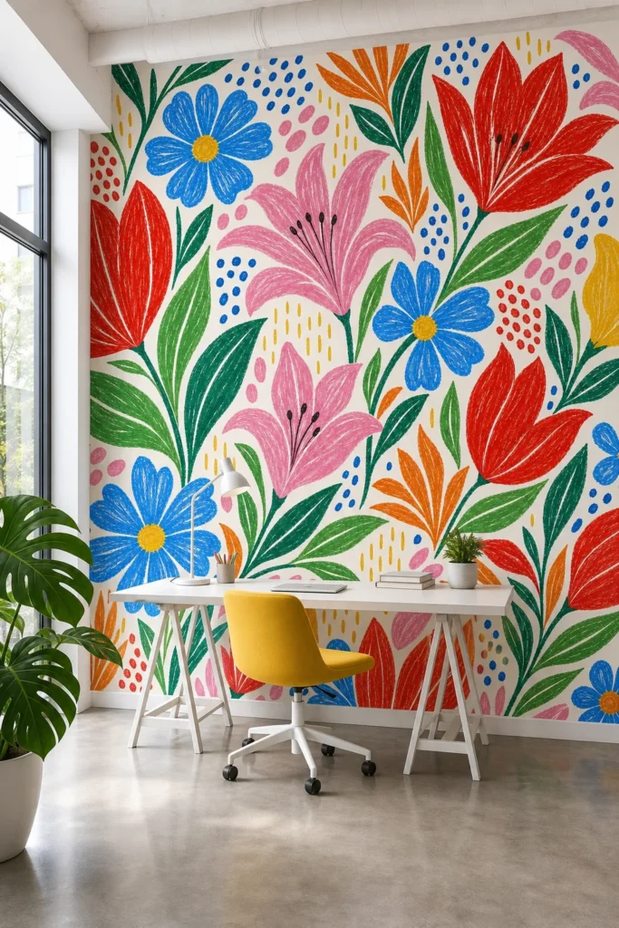 A contemporary creative studio featuring a bold crayon style floral wall mural behind a minimalist white desk and yellow chair.