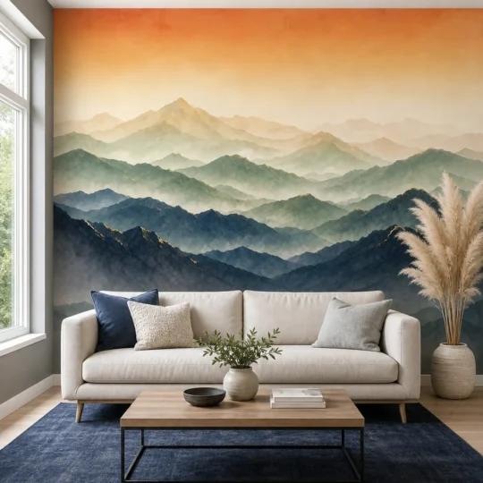 A modern Scandinavian living room featuring a sunset mountain landscape wall mural in a minimalist watercolor style.