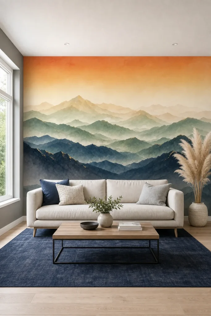 A modern Scandinavian living room featuring a sunset mountain landscape wall mural in a minimalist watercolor style.