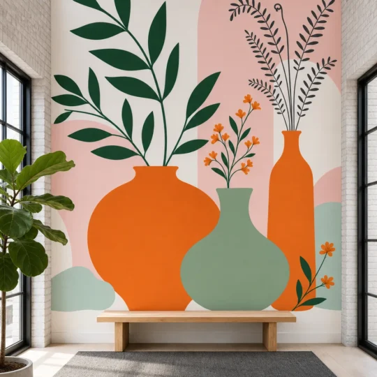 An Abstract Botanical Vase Wallpaper Mural in a Scandinavian modern loft featuring stylized orange vases and green leaves.