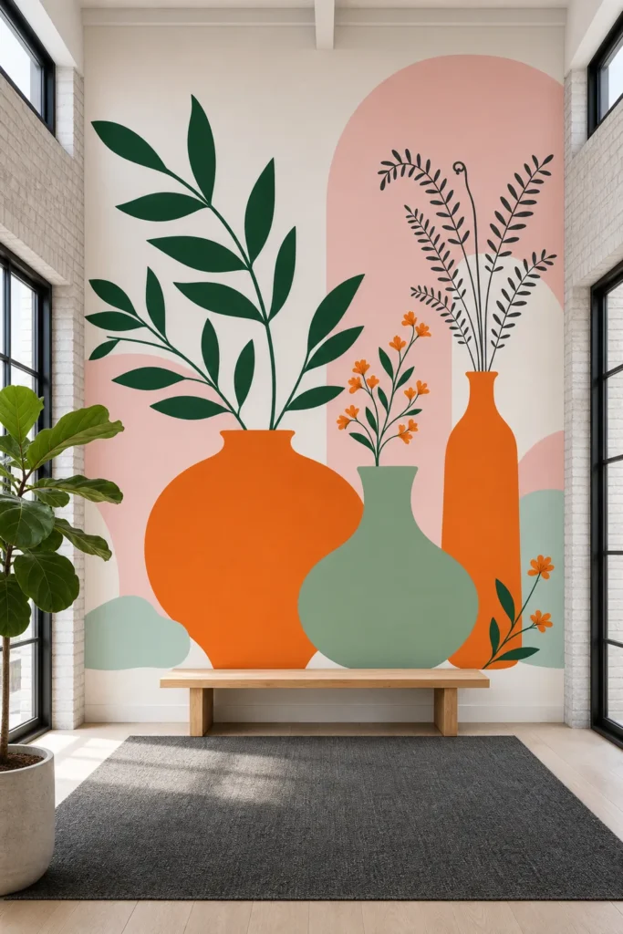 An Abstract Botanical Vase Wallpaper Mural in a Scandinavian modern loft featuring stylized orange vases and green leaves.