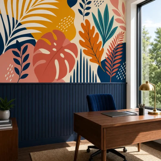 A Contemporary Mid-Century office featuring a Colorful Tropical Leaf Wallpaper Mural above navy blue wood slat paneling.