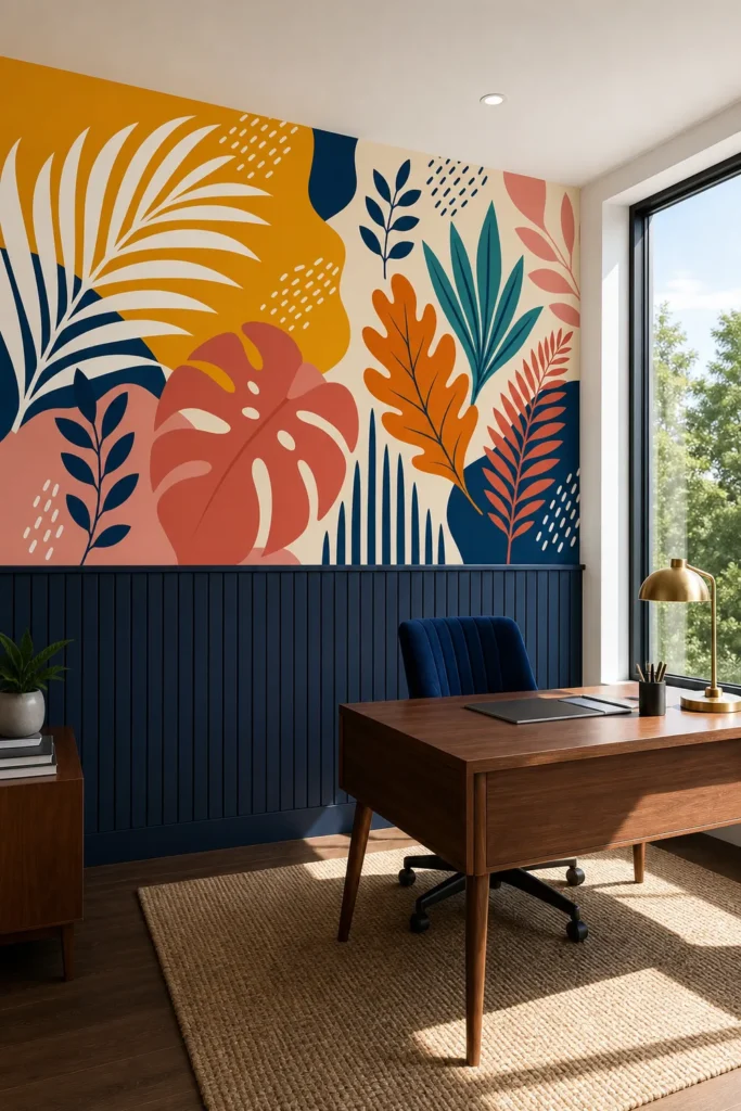 A Contemporary Mid-Century office featuring a Colorful Tropical Leaf Wallpaper Mural above navy blue wood slat paneling.