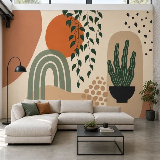 A Modern Scandinavian loft featuring the Neutral Boho Abstract Botanical Wallpaper Mural on a large plaster wall behind a low-profile sofa.