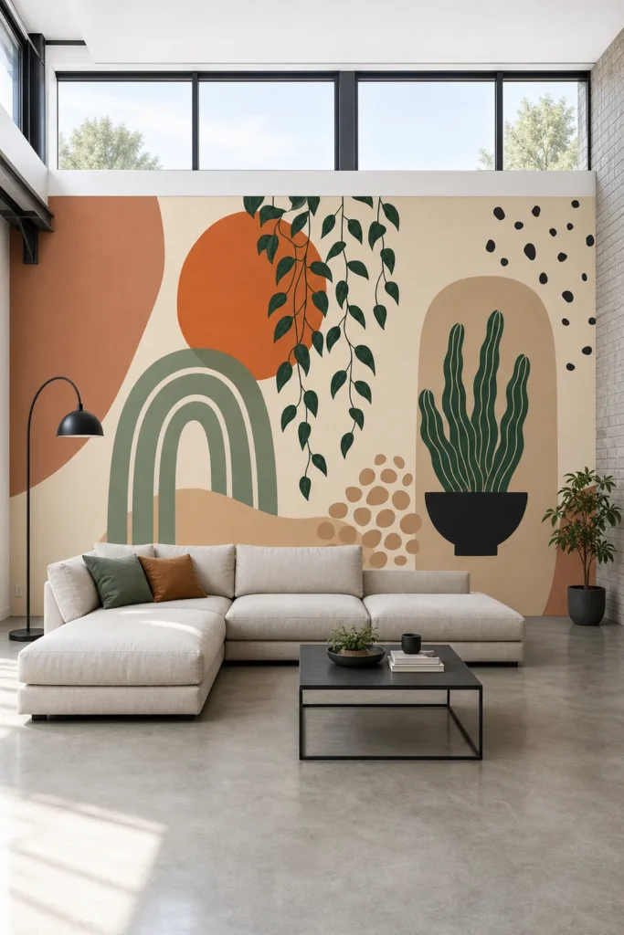 A Modern Scandinavian loft featuring the Neutral Boho Abstract Botanical Wallpaper Mural on a large plaster wall behind a low-profile sofa.