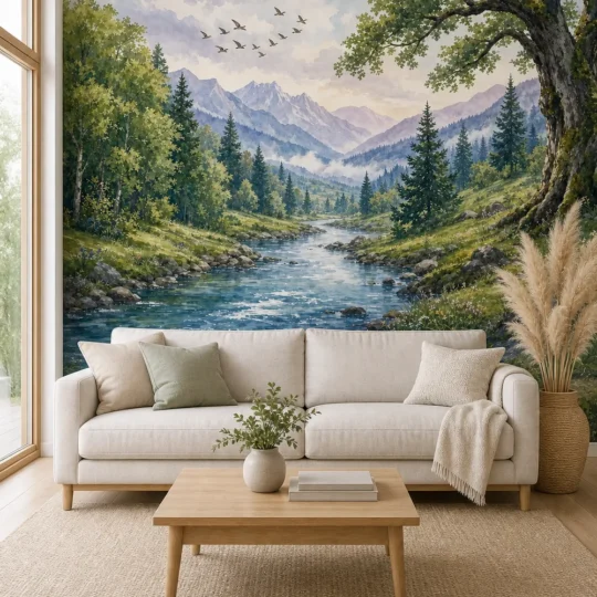 A modern Scandinavian living room featuring a serene mountain and river scene Watercolor Forest Landscape Wallpaper Mural on a large plaster wall.