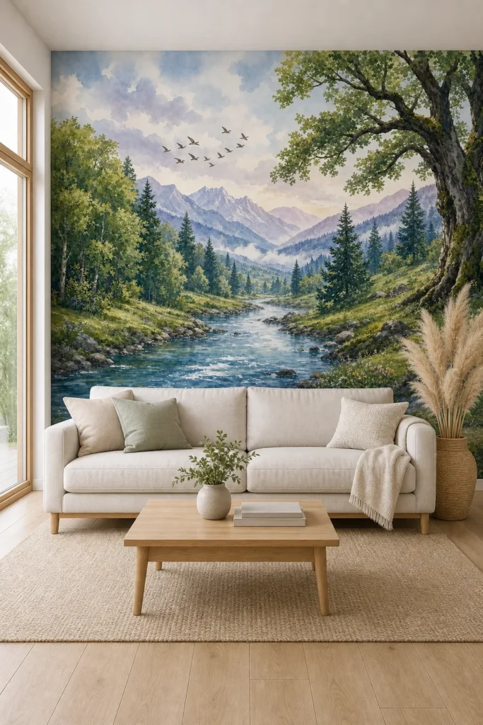 A modern Scandinavian living room featuring a serene mountain and river scene Watercolor Forest Landscape Wallpaper Mural on a large plaster wall.