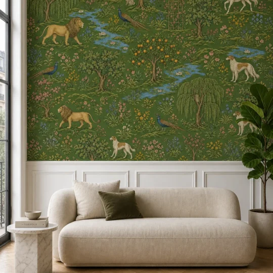 A modern Parisian apartment featuring a Green Enchanted Forest Animal Wallpaper Mural installed above classic white wainscoting.