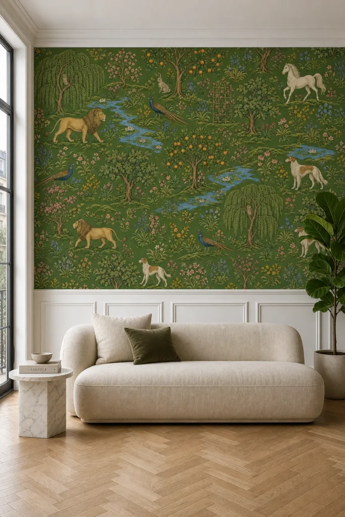 A modern Parisian apartment featuring a Green Enchanted Forest Animal Wallpaper Mural installed above classic white wainscoting.
