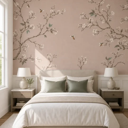 A transitional master bedroom featuring a cherry blossom hummingbird wallpaper mural above white wainscoting.