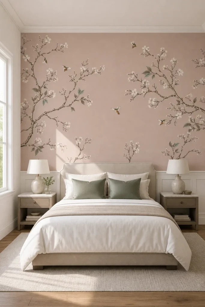 A transitional master bedroom featuring a cherry blossom hummingbird wallpaper mural above white wainscoting.