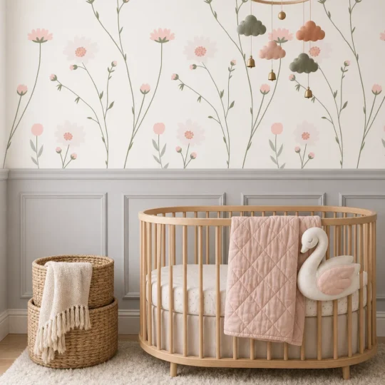 A bohemian minimalist nursery featuring the Soft Pink Floral Wallpaper Mural on a focal wall above gray wainscoting.