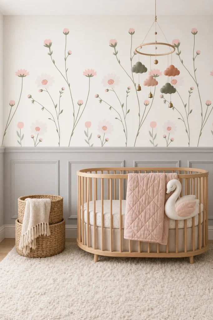 A bohemian minimalist nursery featuring the Soft Pink Floral Wallpaper Mural on a focal wall above gray wainscoting.