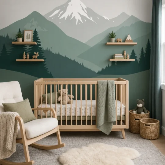A modern Scandinavian nursery featuring a minimalist sage green mountain wallpaper mural behind a light wood crib.