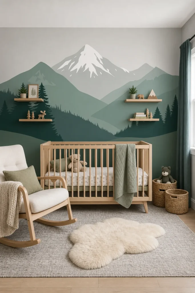 A modern Scandinavian nursery featuring a minimalist sage green mountain wallpaper mural behind a light wood crib.