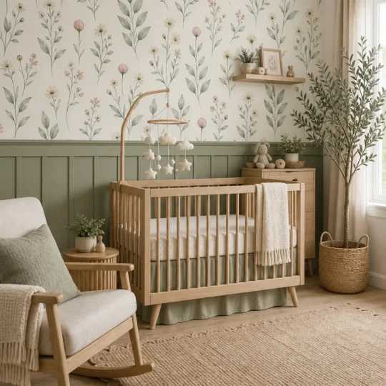A modern boho nursery featuring soft botanical wallpaper above sage green wainscoting and a natural wood crib.