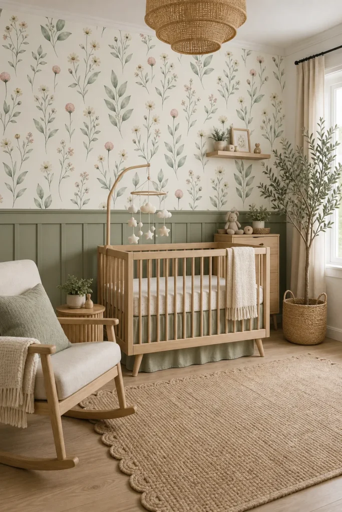 A modern boho nursery featuring soft botanical wallpaper above sage green wainscoting and a natural wood crib.