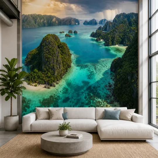 A Contemporary Coastal Loft featuring a vibrant tropical limestone karst lagoon island wallpaper mural on a large feature wall behind a grey sectional sofa.