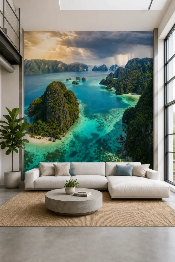 A Contemporary Coastal Loft featuring a vibrant tropical limestone karst lagoon island wallpaper mural on a large feature wall behind a grey sectional sofa.
