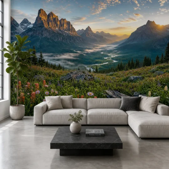An alpine valley sunrise wildflower mountain wallpaper mural displayed in a bright Modern Nordic loft living room.