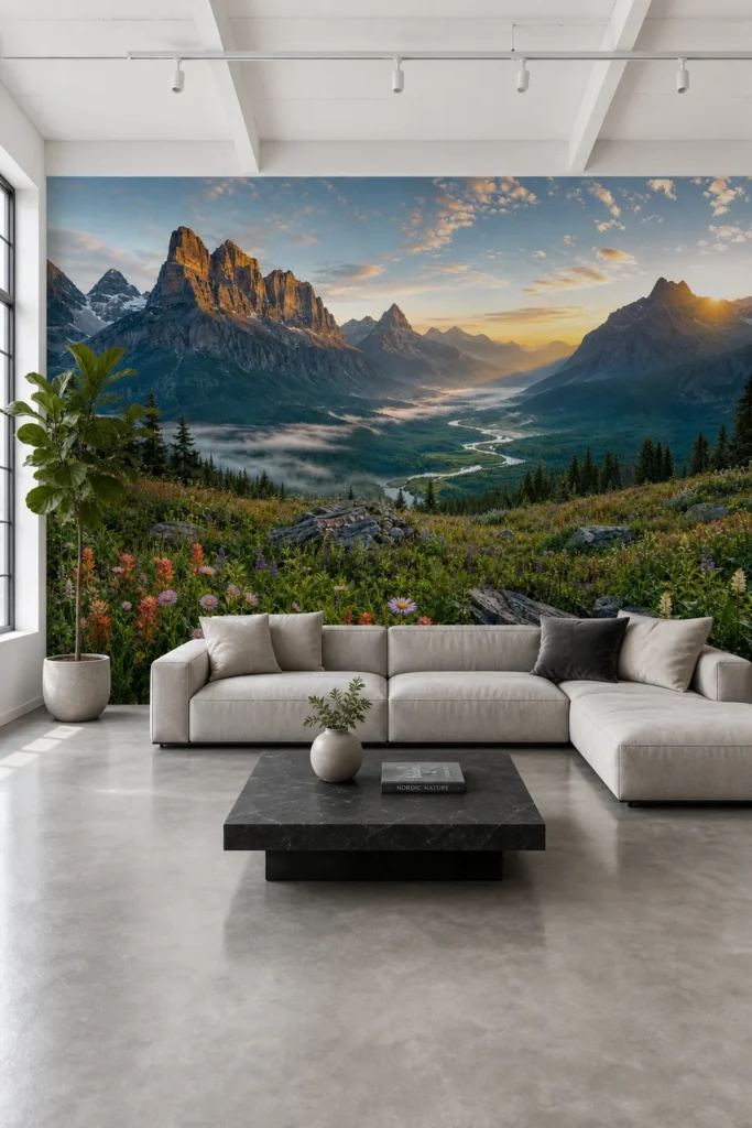 An alpine valley sunrise wildflower mountain wallpaper mural displayed in a bright Modern Nordic loft living room.
