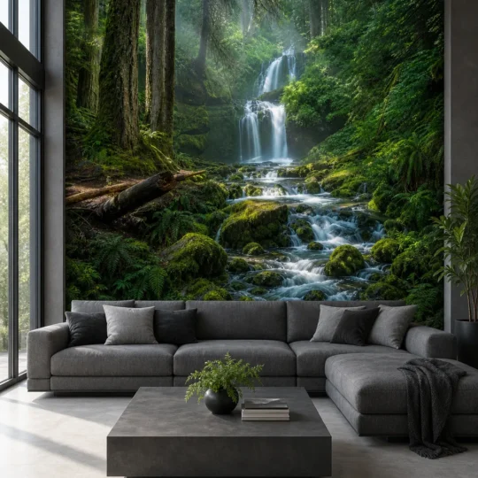 A modern penthouse lounge featuring a temperate rainforest waterfall stream wallpaper mural on a large accent wall behind a grey sofa.
