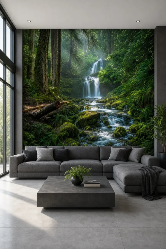 A modern penthouse lounge featuring a temperate rainforest waterfall stream wallpaper mural on a large accent wall behind a grey sofa.