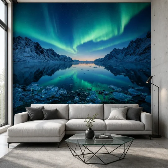A Contemporary Nordic Loft interior featuring an arctic fjord northern lights mountain wallpaper mural installed on a central focal wall behind a low-profile sofa.