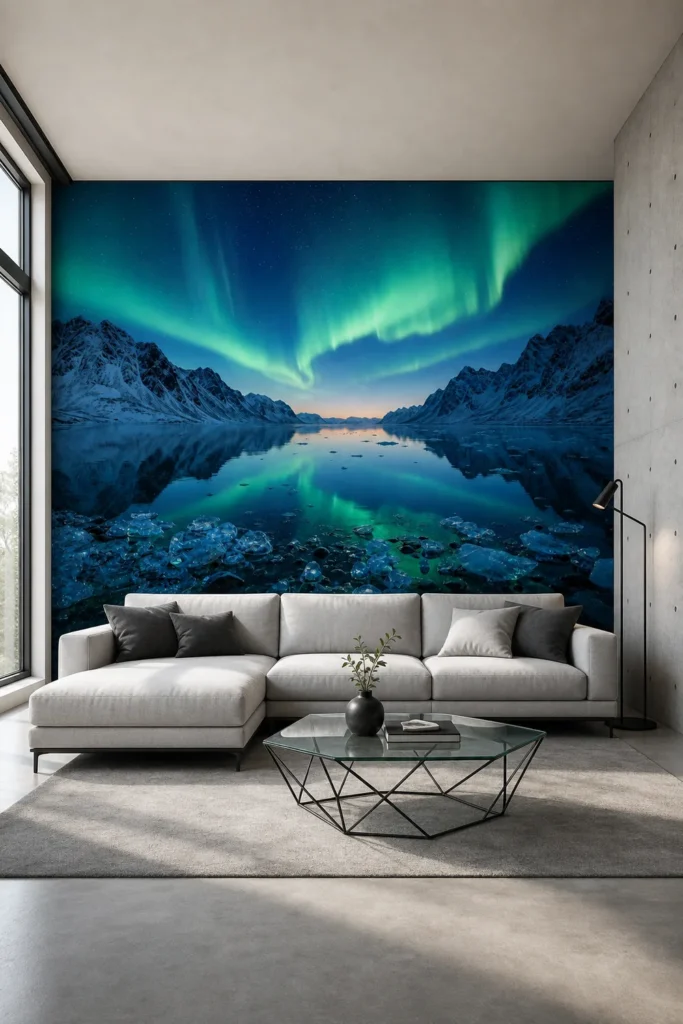 A Contemporary Nordic Loft interior featuring an arctic fjord northern lights mountain wallpaper mural installed on a central focal wall behind a low-profile sofa.