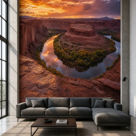 A modern industrial loft lounge featuring a red rock desert canyon river sunset wallpaper mural on a large accent wall.
