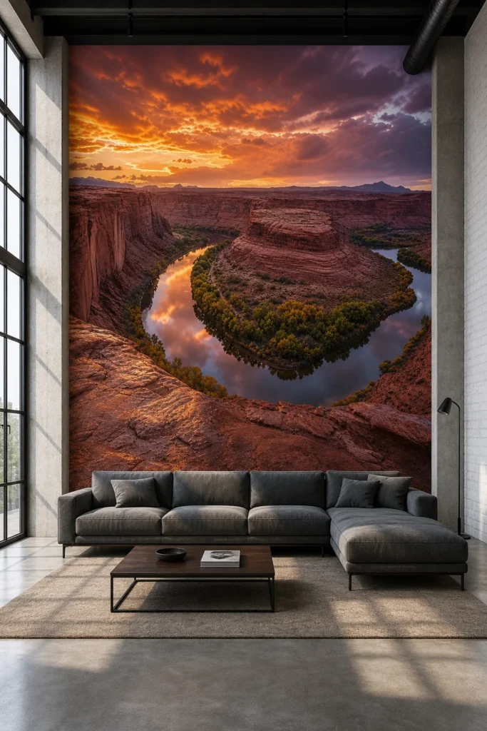 A modern industrial loft lounge featuring a red rock desert canyon river sunset wallpaper mural on a large accent wall.