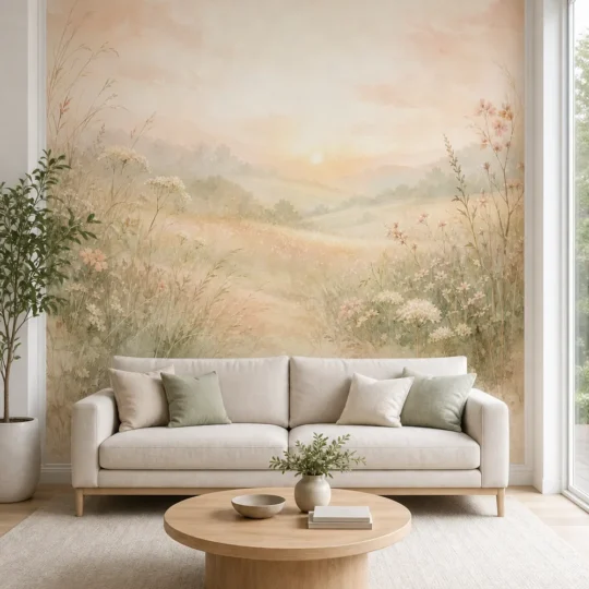 A Scandinavian minimalist living room featuring a gentle meadow sunrise wallpaper mural on a large accent wall behind a low-profile sofa.