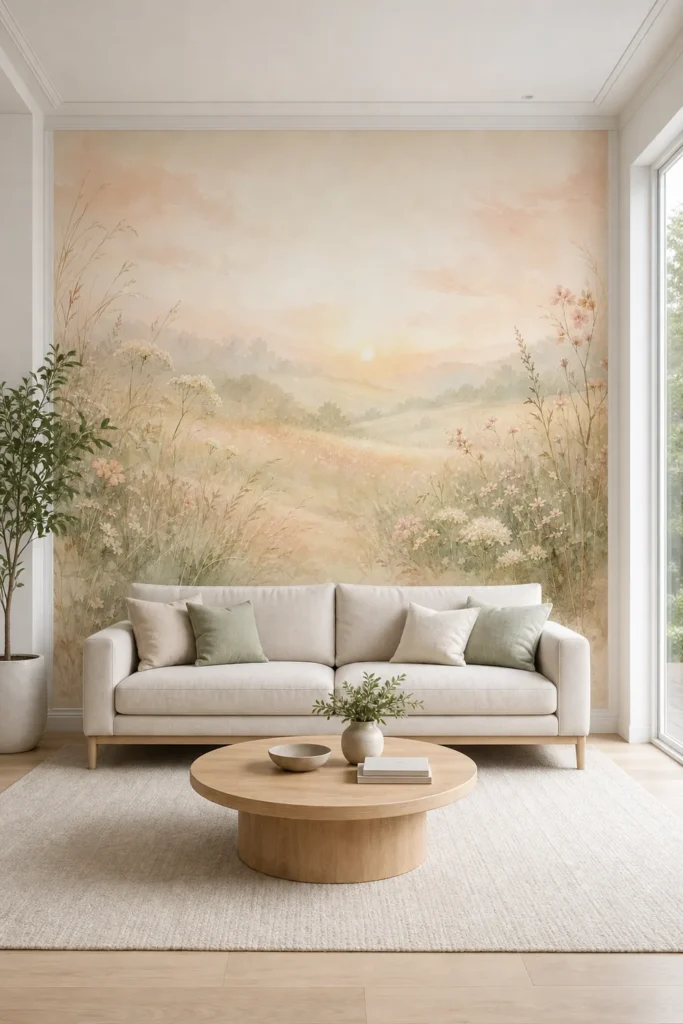 A Scandinavian minimalist living room featuring a gentle meadow sunrise wallpaper mural on a large accent wall behind a low-profile sofa.